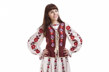 Caucasian Smiling Happy Brunette Woman Posing in National Flower Dress