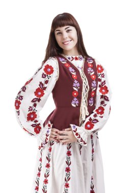 Esmer Bayan Ulusal çiçekli kılık poz gülümseyen portresi