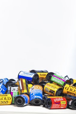 Minsk, Belarus-May 30, 2015: Bulk Variety of Old Photo Films Cassettes of Different World Leading Manufacturers