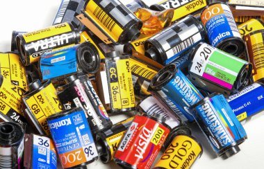 Minsk, Belarus-May 30, 2015: Bulk Variety of Old Photo Films Cassettes of Different World Leading Manufacturers