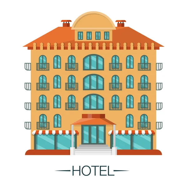 Beautiful modern European hotel with red roof and balconies. Infrastructure of a big city. Isolated object on a white background. Flat vector style. Architecture, street in metropolis. Urban tourism