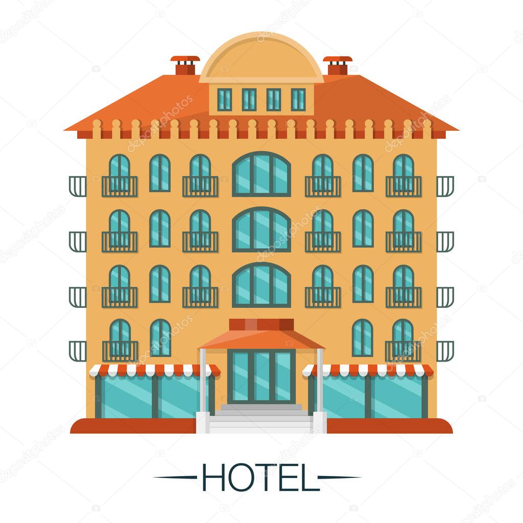 Beautiful modern European hotel with red roof and balconies. Infrastructure of a big city. Isolated object on a white background. Flat vector style. Architecture, street in metropolis. Urban tourism