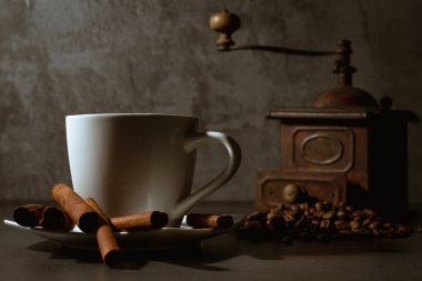 Beyaz fincan ve eski kahve öğütücüsü. Kahve çekirdekleri ve tarçın çubukları. Gri arkaplan.