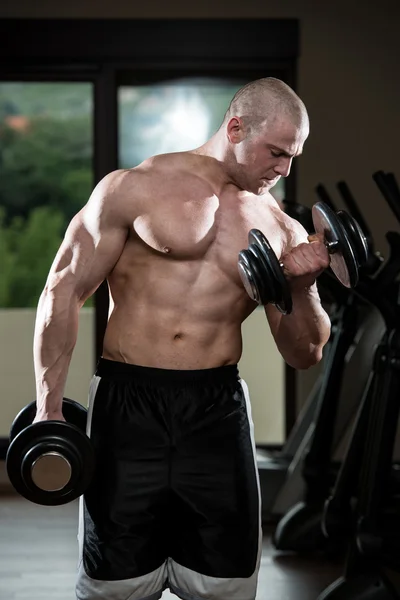 在健身房锻炼二头肌哑铃的男人 — 图库照片