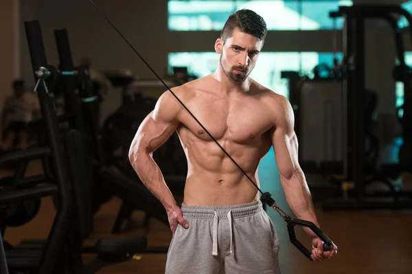 Joven ejercitando tríceps en el gimnasio — Foto de Stock