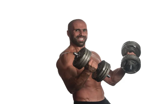 Beyaz arka plan üzerinde dumbbells ile çalışma dışarı adam — Stok fotoğraf