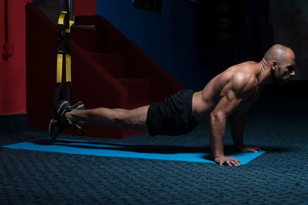 Young Attractive Man Training With Trx Fitness Straps — Stock Photo, Image