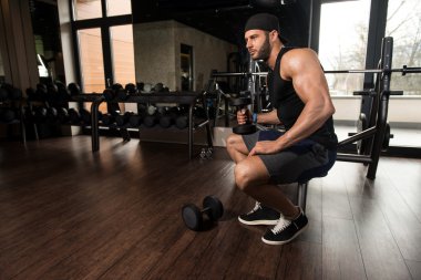 Man In The Gym Exercising Biceps With Dumbbells