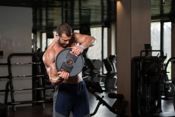 Young Man Workout Abdominal Muscles With Weights — Stock Photo, Image