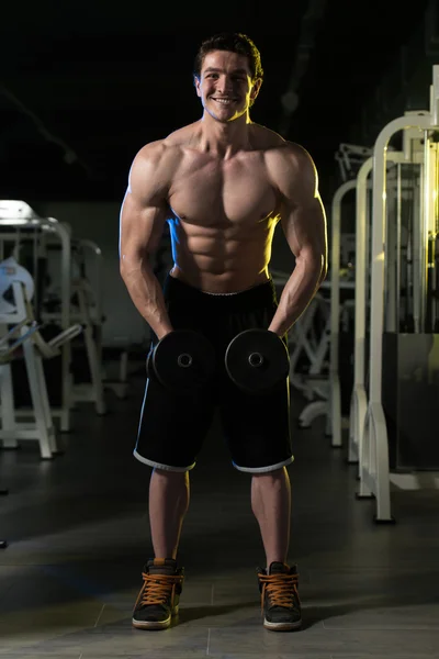 Fitness Man Doing Exercise With Dumbbells Shoulders — Stock Photo, Image