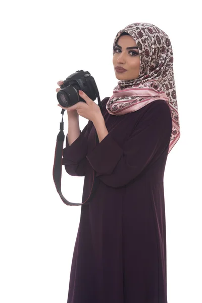 Žena s fotografií s profesionální kamerou — Stock fotografie