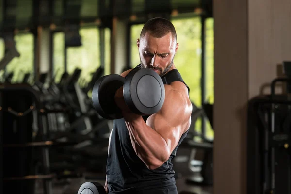 Fitness Muscle Man Exercise Biceps With Dumbbells — Stock Photo, Image