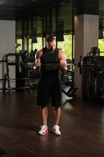 Modelo masculino musculoso ejercitando bíceps con barra —  Fotos de Stock