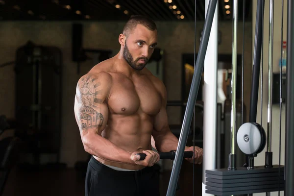 Biceps del ejercicio del culturista con el cable en la máquina — Foto de Stock