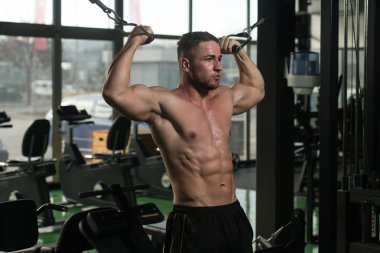 Pazı üstünde makine için egzersiz yaparak genç vücut geliştirmeci