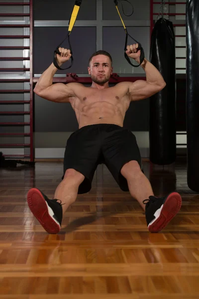 Young Attractive Man Training With Trx Fitness Straps — Stock Photo, Image