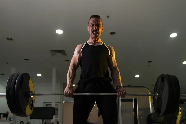Hombre en el gimnasio haciendo ejercicio de nuevo con la barra — Foto de Stock