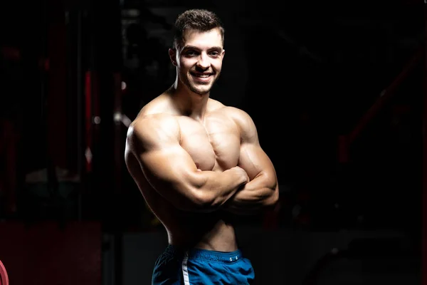 Handsome Man Standing Strong Gym Flexing Muscles Muscular Athletic Bodybuilder — Stock Photo, Image