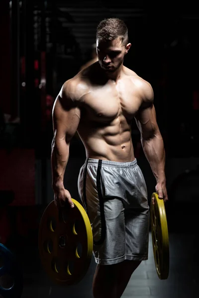 Retrato Hombre Físicamente Joven Sosteniendo Pesas Mano — Foto de Stock