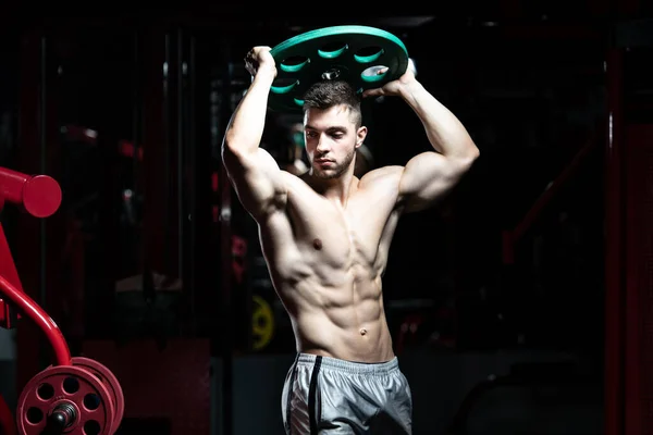 Young Man Standing Strong Gym Holding Weights Hand — Stock Photo, Image