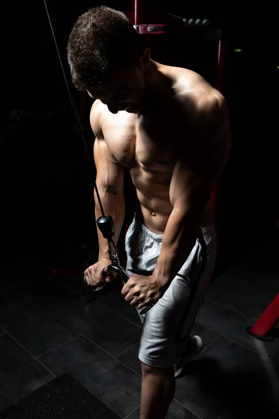 Man In The Gym Exercising On His Triceps On Machine With Cable In The Gym