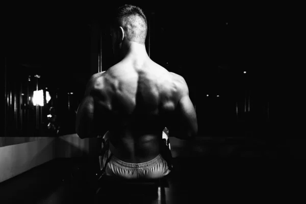 Schöner Bodybuilder Macht Schwere Kraftübung Für Den Rücken Auf Der — Stockfoto
