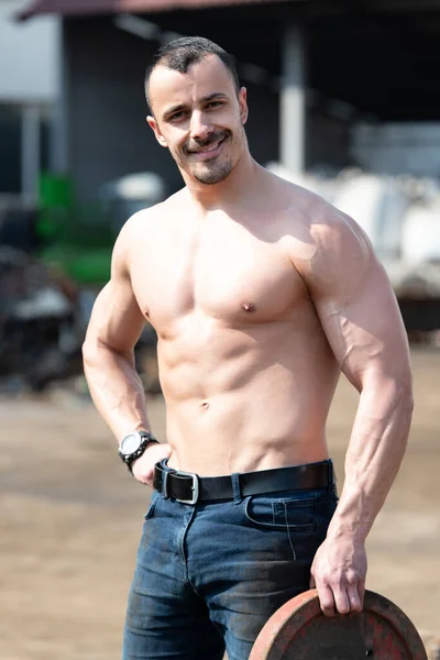 Portrait Physically Young Man Holding Weights Outdoors — Stock Photo, Image