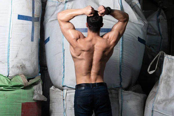 Handsome Man Standing Strong Warehouse Big Bags Flexing Muscles Muscular — Stock Photo, Image