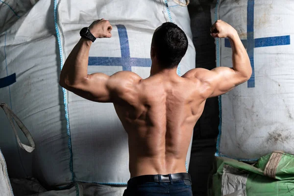 Handsome Man Standing Strong Warehouse Big Bags Flexing Muscles Muscular — Stock Photo, Image