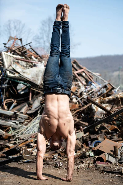 Young Man Keeping Balance Hands Old Industrial Junk Yard Muscular — 스톡 사진