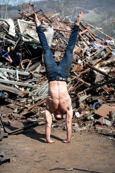 Young Man Keeping Balance Hands Old Industrial Junk Yard Muscular — 스톡 사진