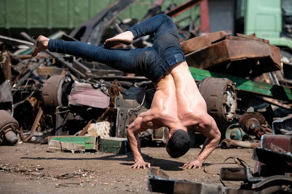 Young Man Keeping Balance Hands Old Industrial Junk Yard Muscular — 스톡 사진