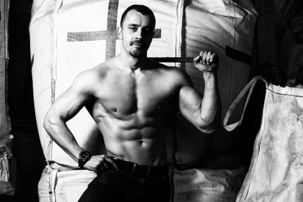 英俊男子强壮地站在大袋子和柔韧肌肉的仓库里 肌体健美模型的提出 — 图库照片