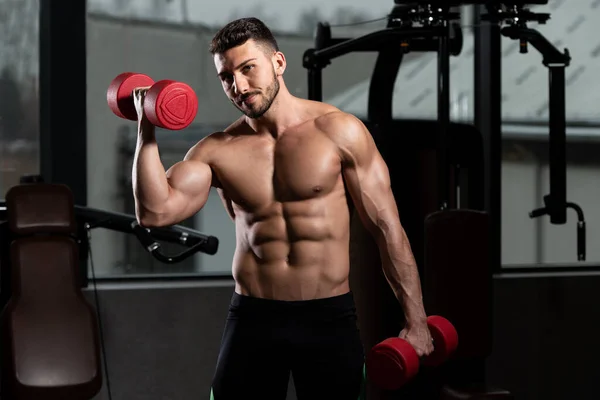 Uomo Che Lavora Fuori Bicipiti Una Palestra Dumbbell Concentrazione Riccioli — Foto Stock