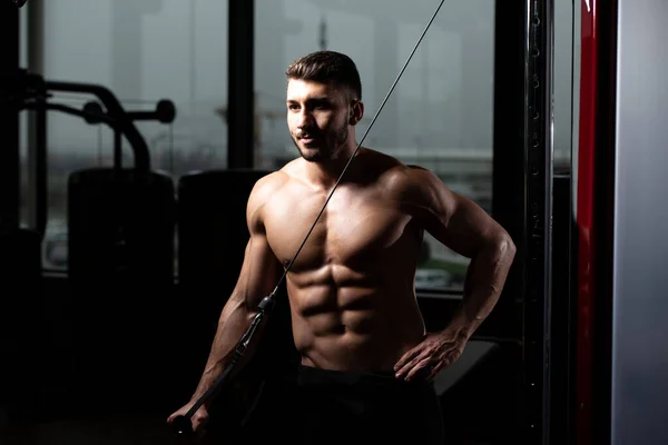 Muscular Fitness Culturista Haciendo Ejercicio Peso Pesado Para Tríceps Máquina —  Fotos de Stock