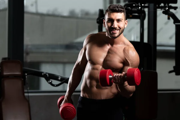 Homme Travaillant Biceps Dans Une Salle Gym Boucles Concentration Haltère — Photo