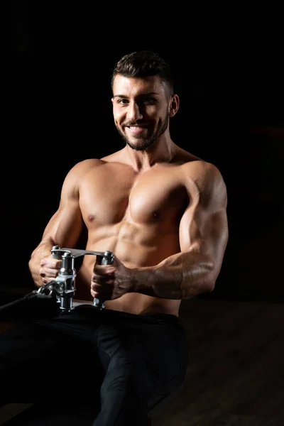 Handsome Athlete Doing Heavy Weight Exercise Back Machine — Stock Photo, Image