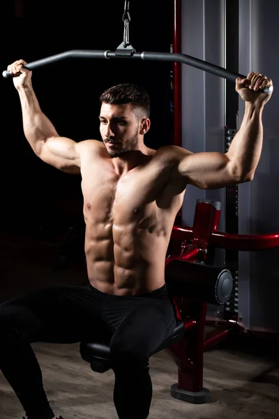 Bodybuilder Beau Faisant Exercice Lourd Poids Pour Dos Sur Machine — Photo