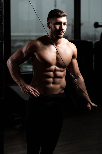 Man Gym Exercising His Triceps Machine Cable Gym — Stock Photo, Image