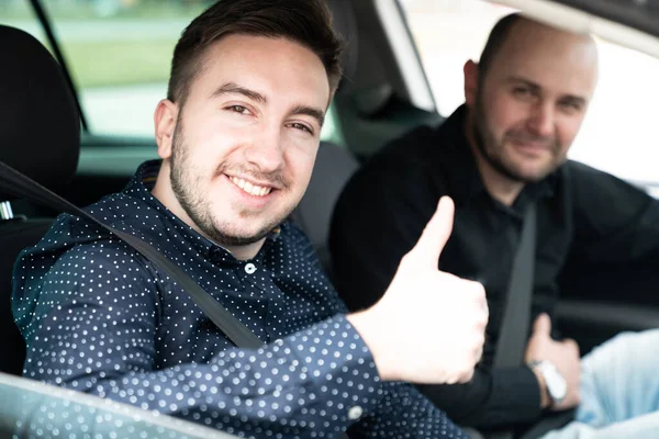 Young Man Getting Driving Lesson Car Showing Thumbs — Stock Photo, Image
