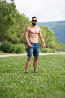 Yakışıklı Sakallı Adam Güçlü Duruyor ve Dışarda Pozisyon Veriyor Yaprakların Arkaplan Doğası