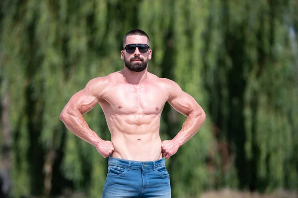 Knappe Baard Man Staan Sterk Poseren Buitenlucht Achtergrond Aard Van — Stockfoto