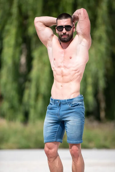 Handsome Beard Man Standing Strong Posing Outdoors Background Nature Leaves — Stock Photo, Image