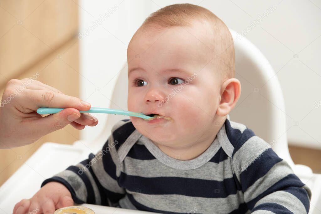 Mother Feeding Her Baby Son With Spoon - Mother Giving Healthy Food To Her Adorable Child At Home