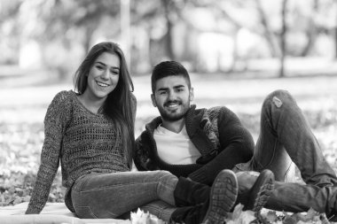 Güzel bir sonbahar gününde battaniyede oturan genç çift