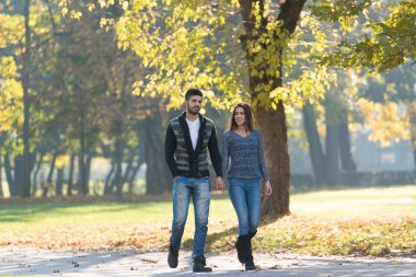 Sonbaharda Ormanda Dışarıda Ormanda Yürüyen Bir Çift