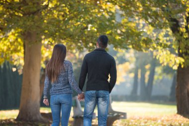 Sonbaharda Ormanda Dışarıda Ormanda Yürüyen Bir Çift