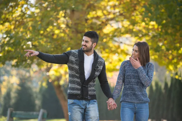 Sonbaharda Ormanda Dışarıda Ormanda Yürüyen Bir Çift — Stok fotoğraf