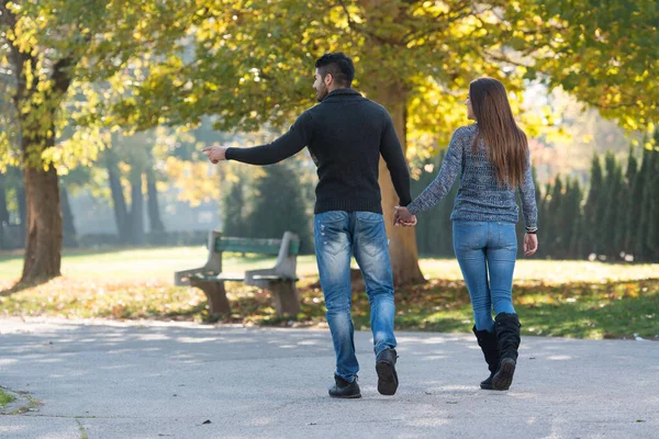 Sonbaharda Ormanda Dışarıda Ormanda Yürüyen Bir Çift — Stok fotoğraf