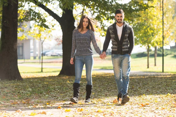 Couple Marchant Dans Forêt Travers Les Bois Extérieur Pendant Automne — Photo